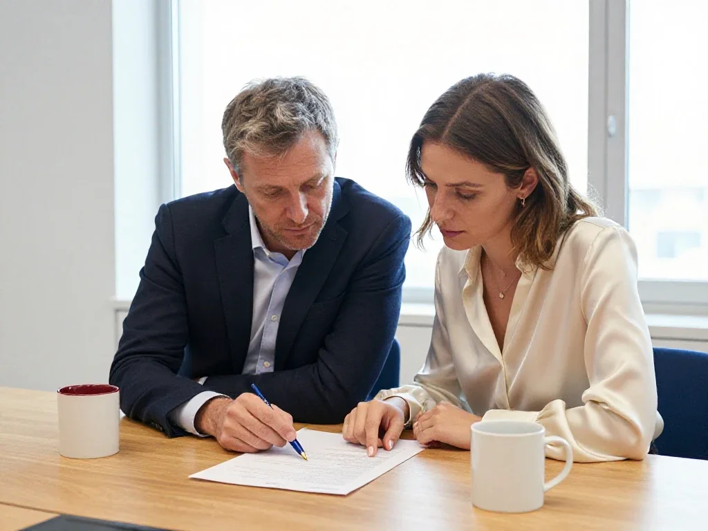 Deux collaborateurs français échangent autour d'un document papier pour illustrer l'expertise professionnelle.