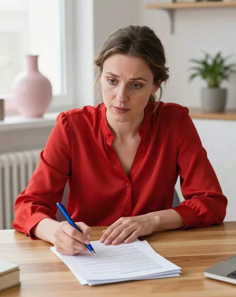 Une femme française s'informant sur ses droits et le bien-être professionnel dans un bureau.