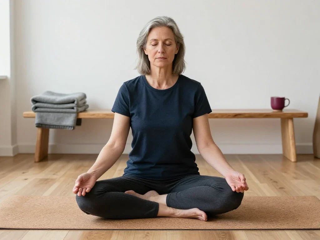 Femme sereine pratiquant la méditation dans un studio lumineux pour illustrer le bien-être personnel.